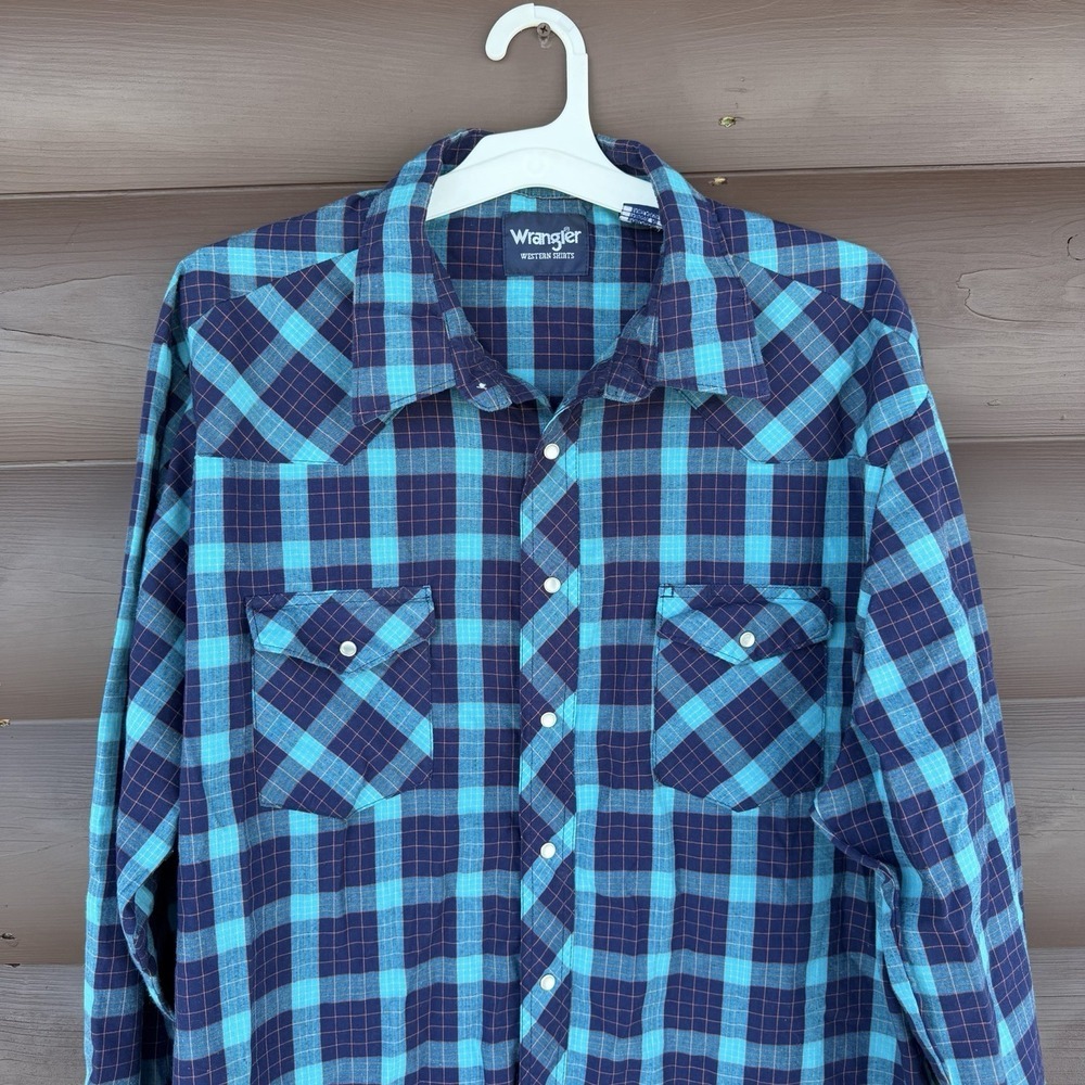 Vntg Wrangler Wrancher Mens Sz 2XL Blue Plaid Long Sleeve Pearl Snaps Western - Picture 2 of 7